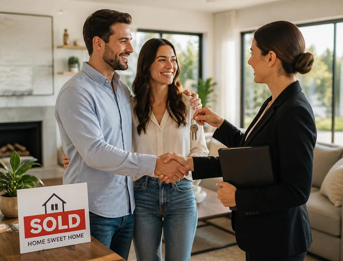 A happy couple receiving keys after selling their home